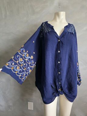 Figueroa & Flower Mandarin Collar Embroidered 3/4 Bell Sleeve Sz 3X Peasant Top